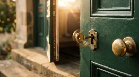 A house key turning quickly in a front door lock with warm light streaming through, symbolizing a fast-tracked UK mortgage approval