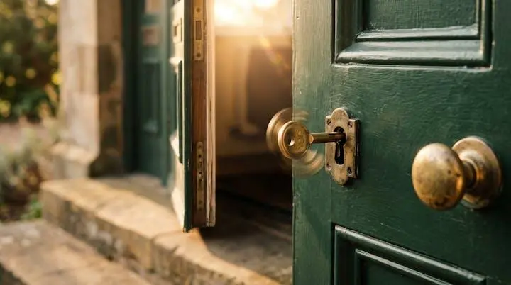 A house key turning quickly in a front door lock with warm light streaming through, symbolizing a fast-tracked UK mortgage approval