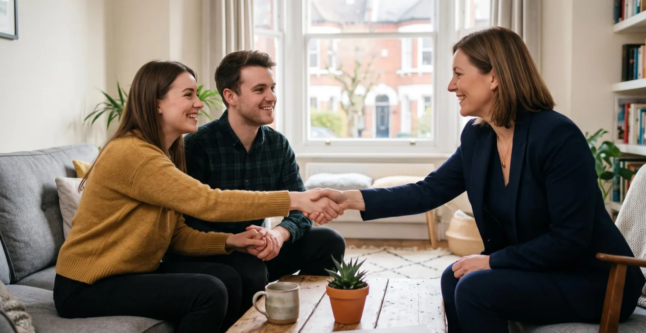 A UK mortgage advisor shaking hands with a young couple in a bright living room, symbolizing trust and reduced lender risk perception