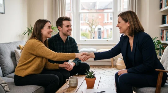 A UK mortgage advisor shaking hands with a young couple in a bright living room, symbolizing trust and reduced lender risk perception