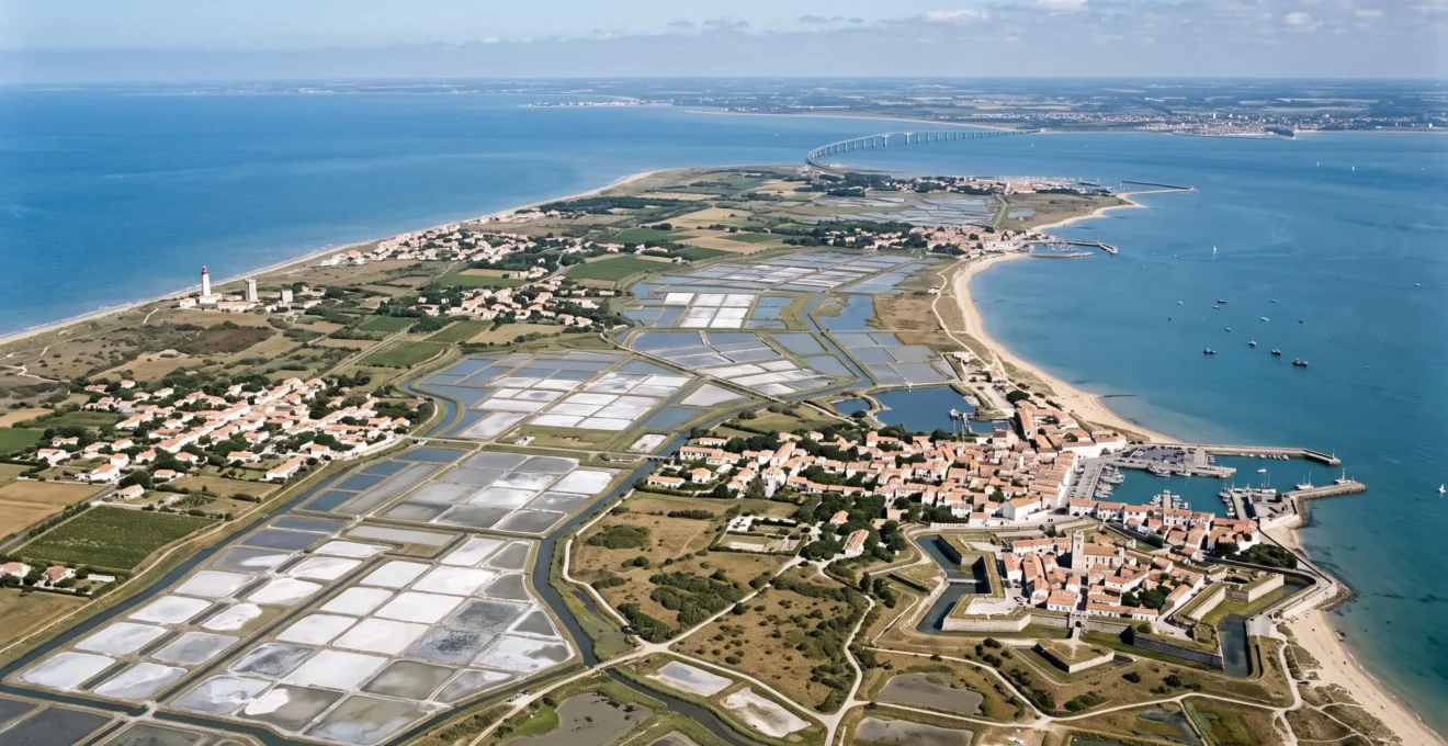 Wide-angle elevated view of Île de Ré showing the flat island geography with scattered white villages, salt marshes, and the bridge connecting to the French mainland in the distance