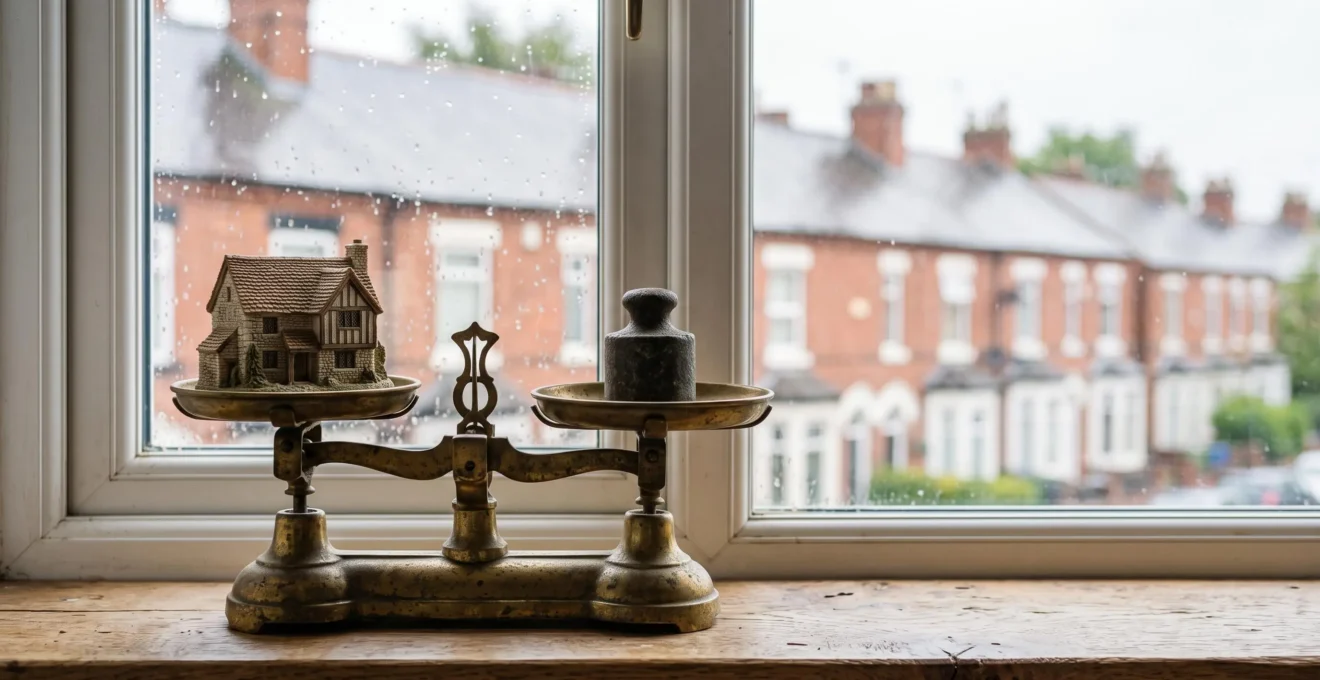 A symbolic composition showing a small house model balanced on an antique brass scale beside British terraced housing, representing impartial property valuation.