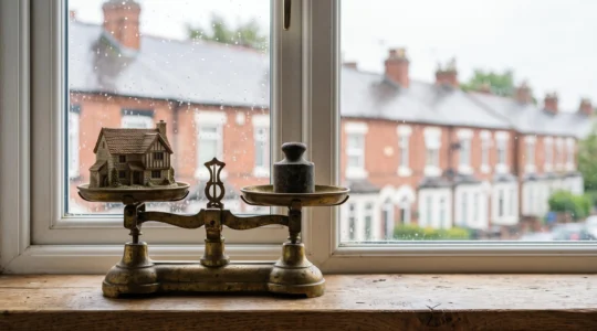 A symbolic composition showing a small house model balanced on an antique brass scale beside British terraced housing, representing impartial property valuation.