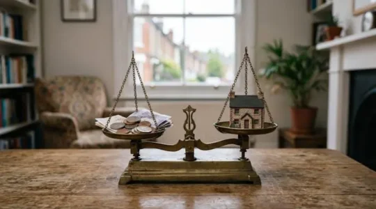 Symbolic image of a UK homebuyer balancing coins and a small house model on a scale, representing the trade-off between deposit size and property access