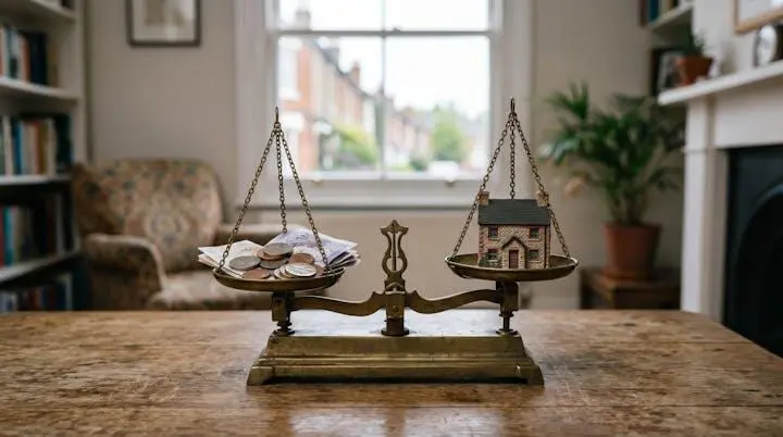 Symbolic image of a UK homebuyer balancing coins and a small house model on a scale, representing the trade-off between deposit size and property access