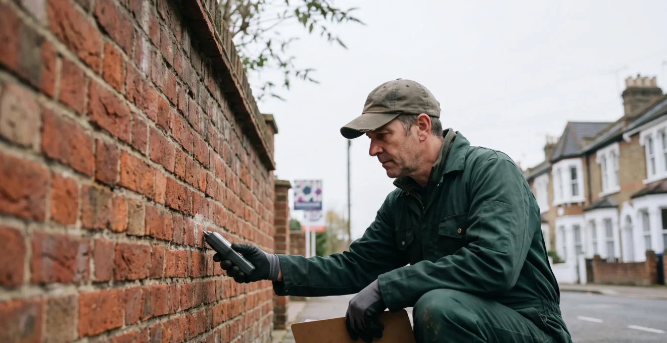 A UK chartered surveyor closely examining the brickwork and roofline of a period terraced house before a property sale