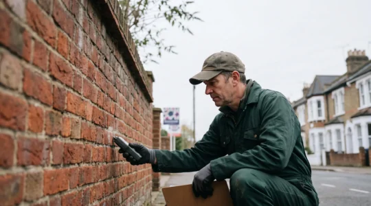 A UK chartered surveyor closely examining the brickwork and roofline of a period terraced house before a property sale