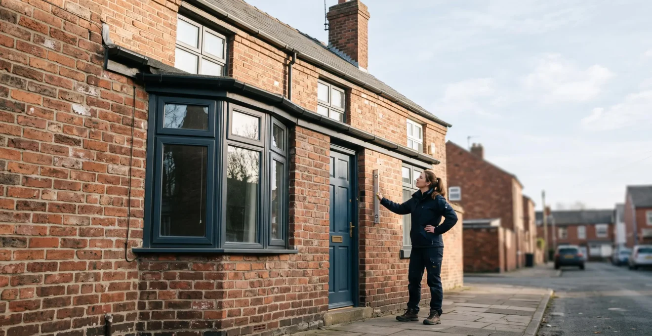 A professional surveyor closely examining the brick facade and roofline of a traditional UK terraced house during a property inspection.
