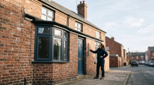 A professional surveyor closely examining the brick facade and roofline of a traditional UK terraced house during a property inspection.