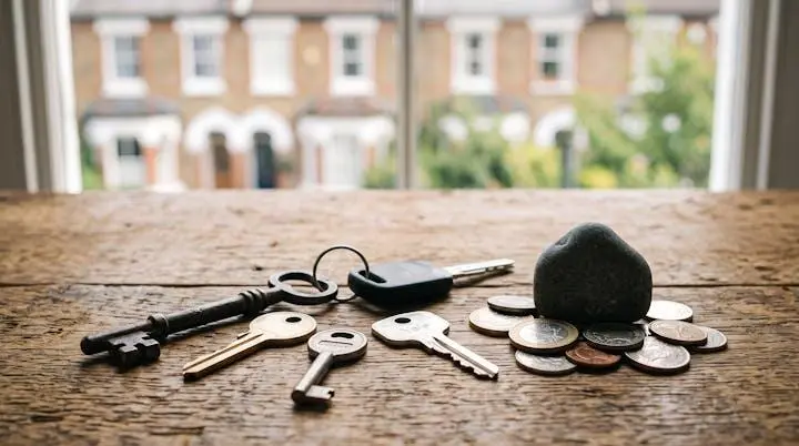 Set of assorted vintage and modern keys resting beside a small stack of coins on a wooden surface, symbolizing multiple alternative paths to property ownership.