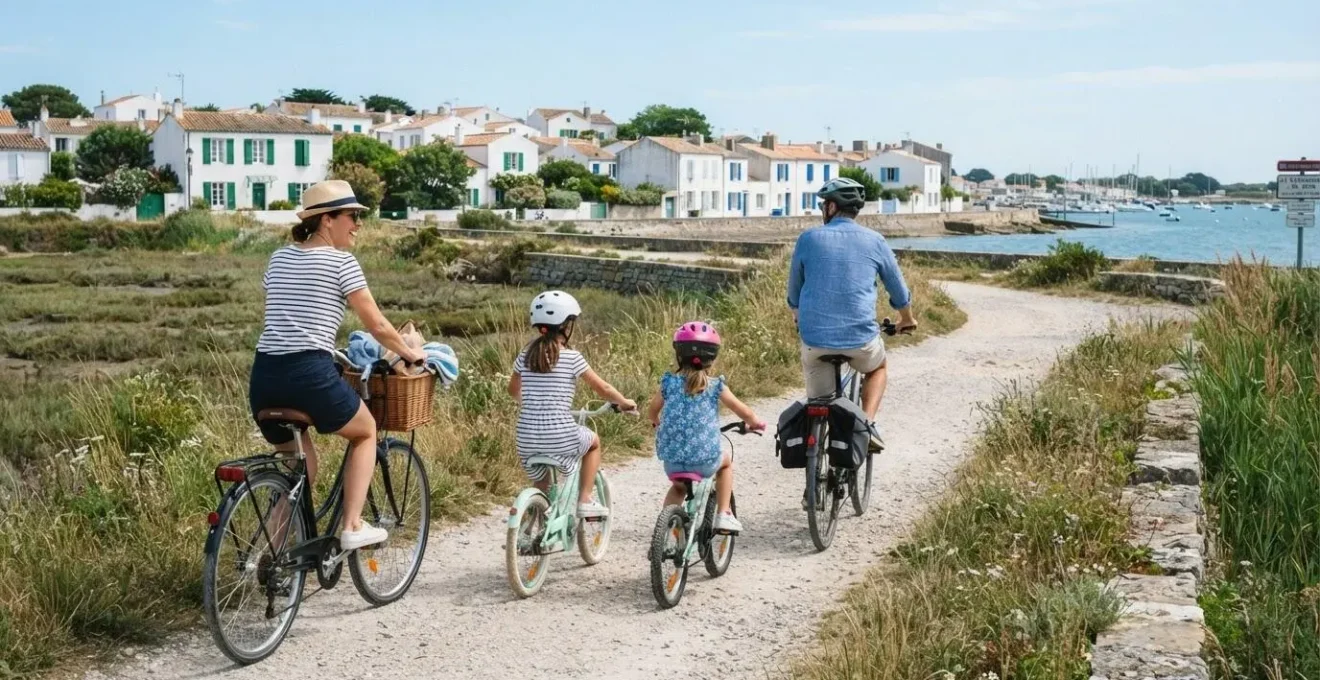 Family of four cycling along coastal path on Île de Ré with traditional Rétais bicycles, view from behind showing white houses and salt marshes in background