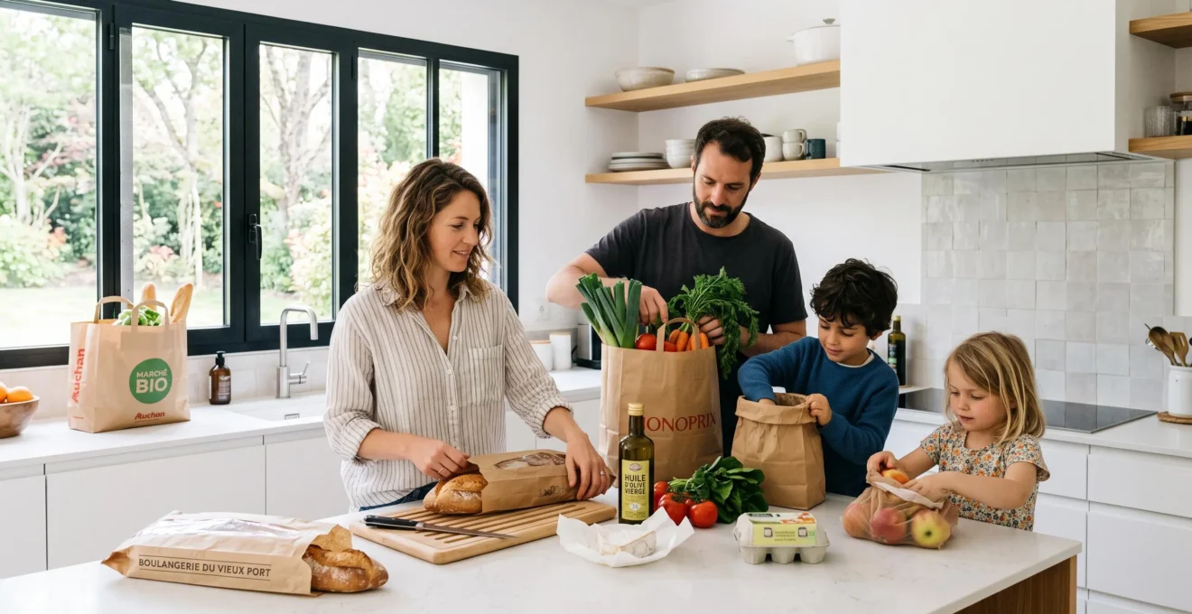 Parents and children unpacking fresh groceries and bread on a bright modern kitchen counter in a white-walled villa with natural morning light streaming through windows