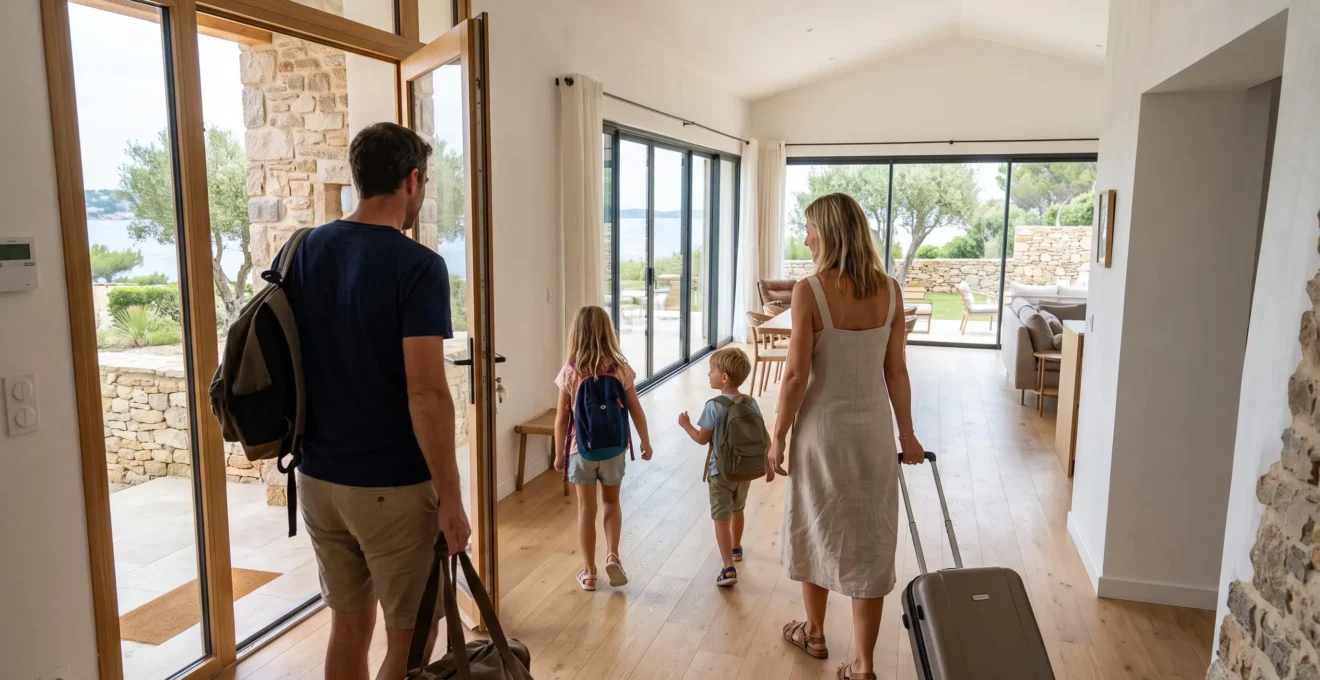 Family of four viewed from behind as they enter a bright contemporary villa with visible modern French coastal architecture and spacious interior