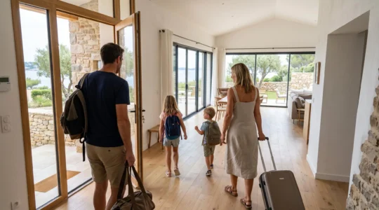 Family of four viewed from behind as they enter a bright contemporary villa with visible modern French coastal architecture and spacious interior