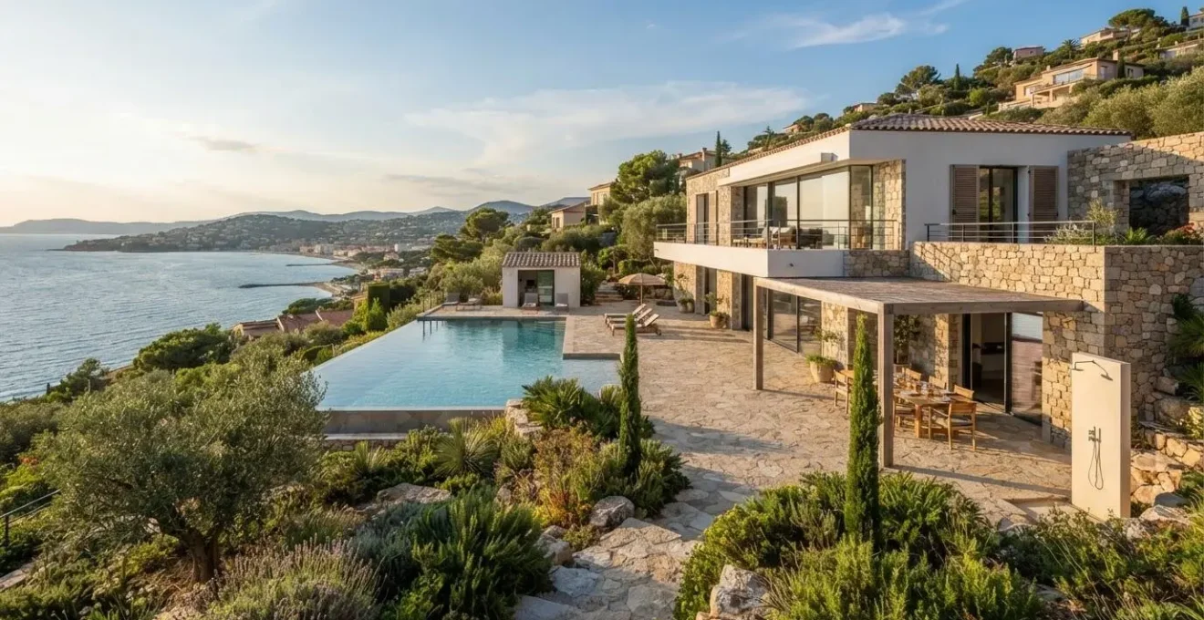 Contemporary French villa with infinity pool overlooking Mediterranean coastline on a bright summer afternoon