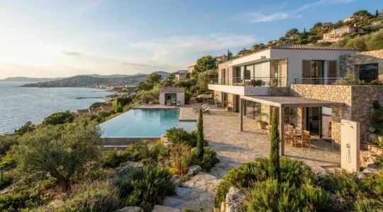 Contemporary French villa with infinity pool overlooking Mediterranean coastline on a bright summer afternoon