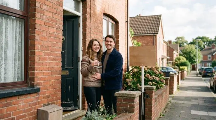A young couple standing at the doorstep of their new UK home, symbolizing government-backed mortgage support for first-time buyers