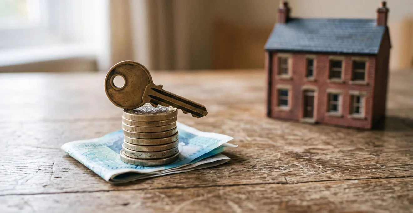A key resting on a stack of British banknotes and coins beside a small terraced house model, symbolizing the hidden costs of buying a home in the UK