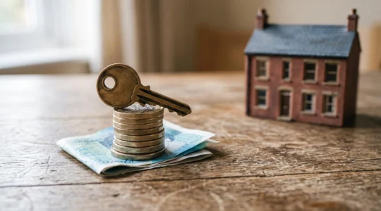 A key resting on a stack of British banknotes and coins beside a small terraced house model, symbolizing the hidden costs of buying a home in the UK