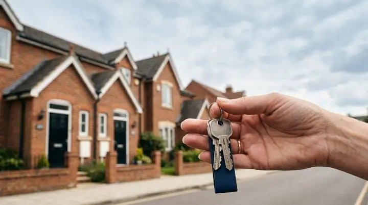 A hand holding house keys in soft natural light in front of a row of townhouses, symbolizing mortgage eligibility