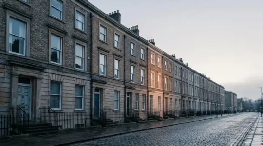 Symbolic wide editorial photograph of a UK investment property with scaffolding of financial structure, representing leveraged capital control