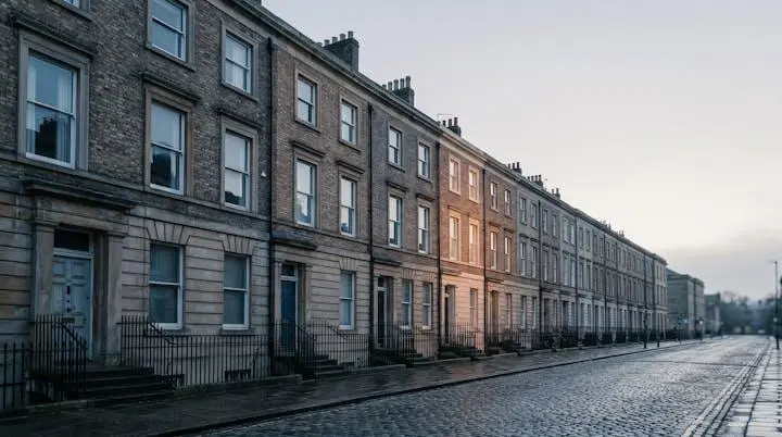 Symbolic wide editorial photograph of a UK investment property with scaffolding of financial structure, representing leveraged capital control