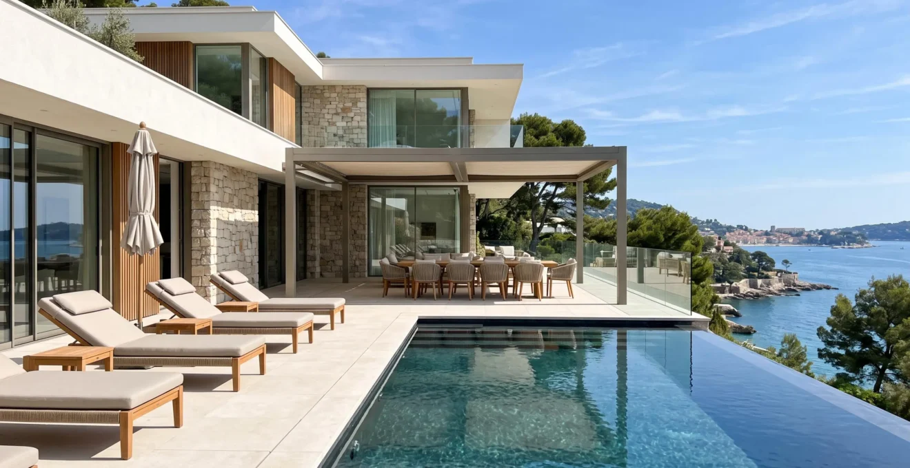 Wide-angle view of a modern luxury villa pool terrace with premium outdoor furniture and partial sea view visible in the distance