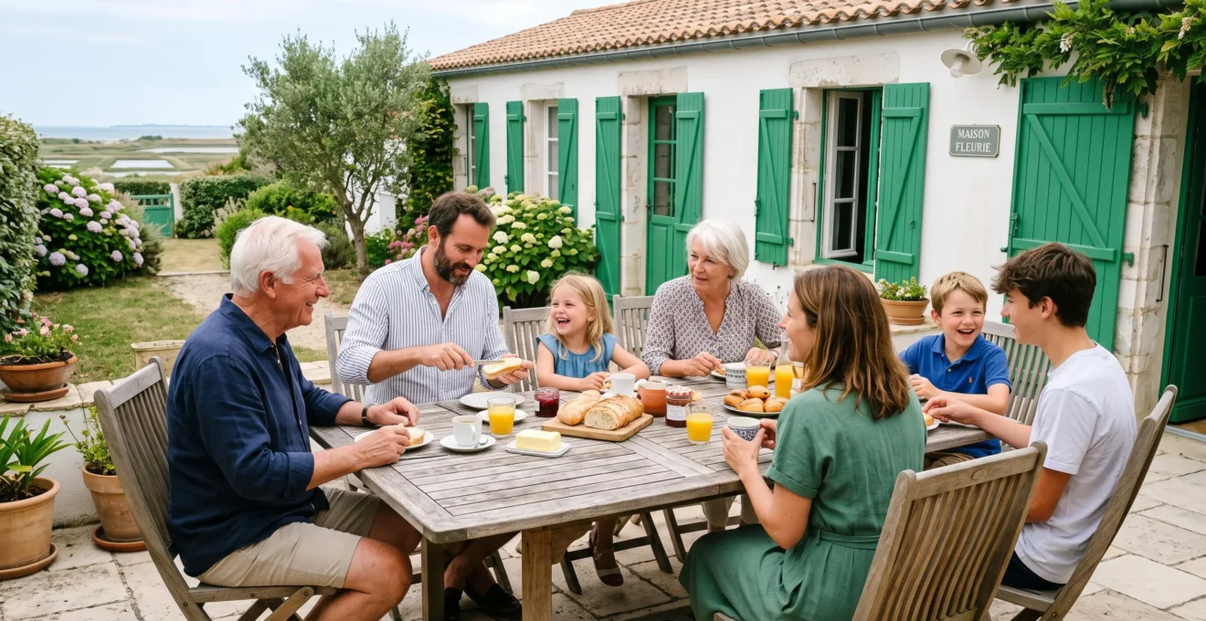 Three generations of a family enjoying breakfast together on a sunlit villa terrace with traditional white-washed island houses visible in the background