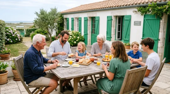 Three generations of a family enjoying breakfast together on a sunlit villa terrace with traditional white-washed island houses visible in the background