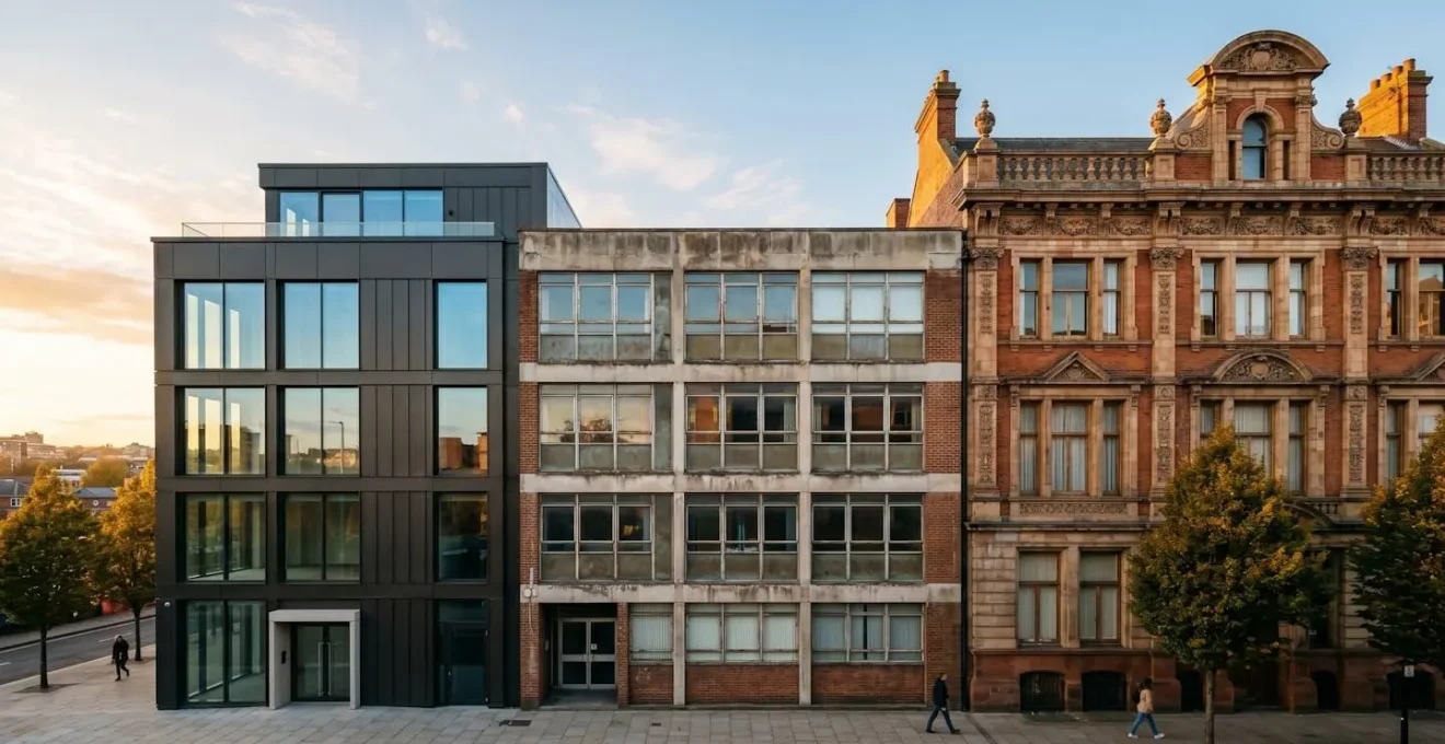 Wide editorial photograph showing the lifecycle stages of property investment through abstract architectural elements and natural aging textures