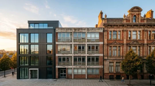 Wide editorial photograph showing the lifecycle stages of property investment through abstract architectural elements and natural aging textures