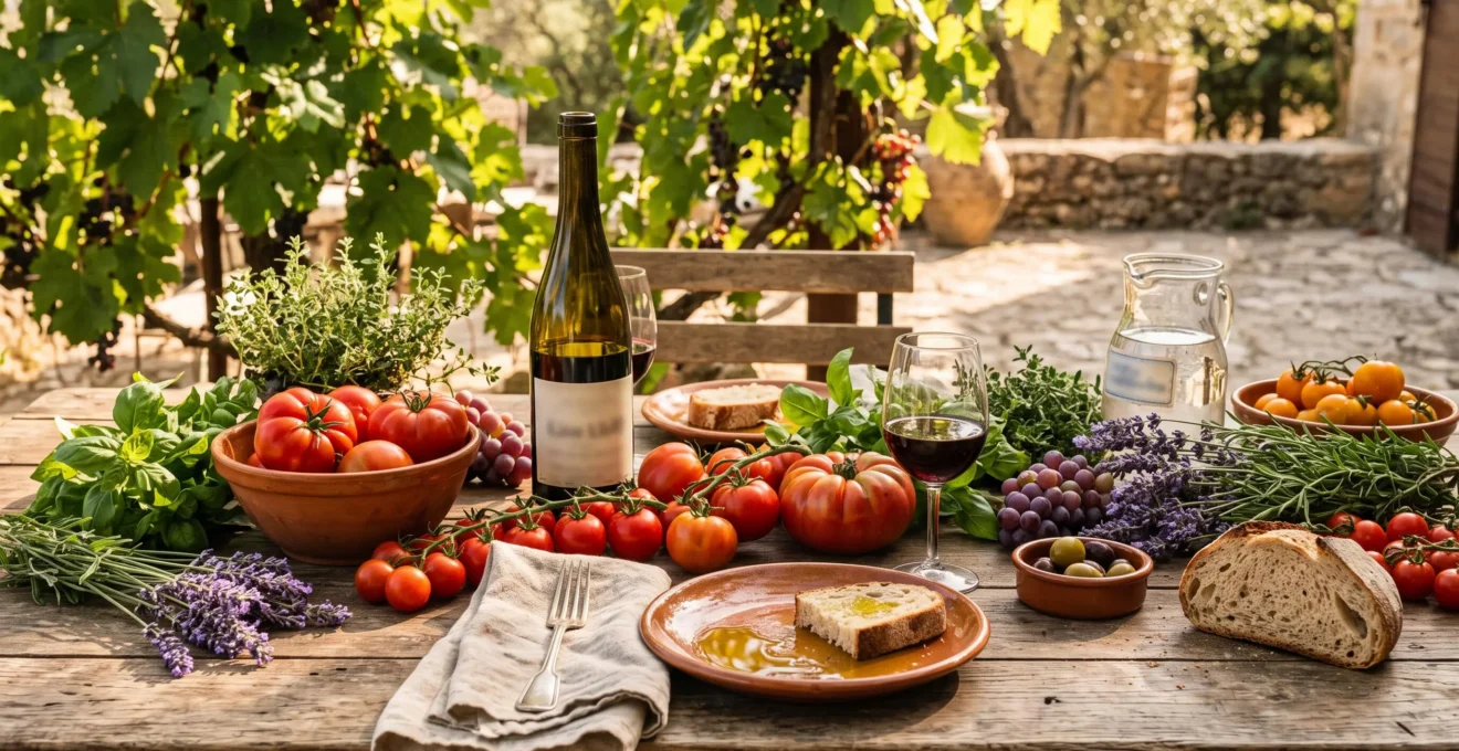 Rustic wooden outdoor dining table set with fresh Provençal vegetables, herbs, wine glasses and bottle with blurred label, dappled sunlight filtering through overhead grape vines