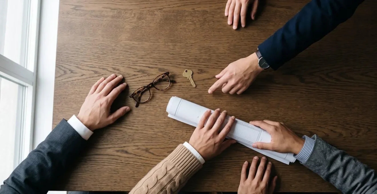 Multiple professional hands meeting over an architectural blueprint and a set of house keys, symbolizing collaborative property transactions