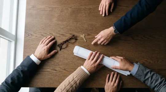 Multiple professional hands meeting over an architectural blueprint and a set of house keys, symbolizing collaborative property transactions