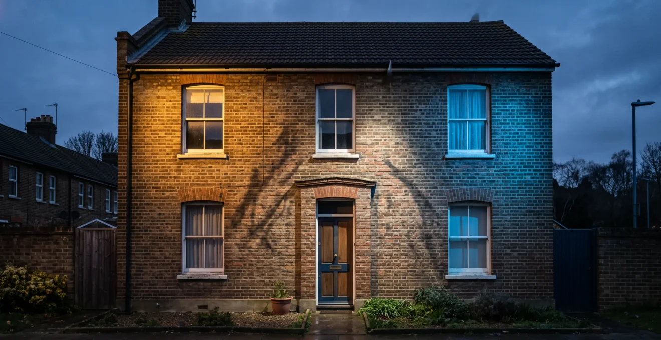A residential house facade illuminated by three overlapping beams of light of different intensity, symbolizing conflicting property valuations