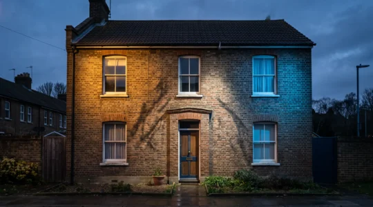 A residential house facade illuminated by three overlapping beams of light of different intensity, symbolizing conflicting property valuations