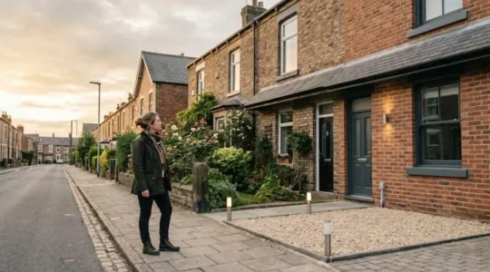 A UK home buyer standing on a residential street comparing two similar houses with visibly different price tags implied through contrasting facades, symbolizing price variance in the property market.