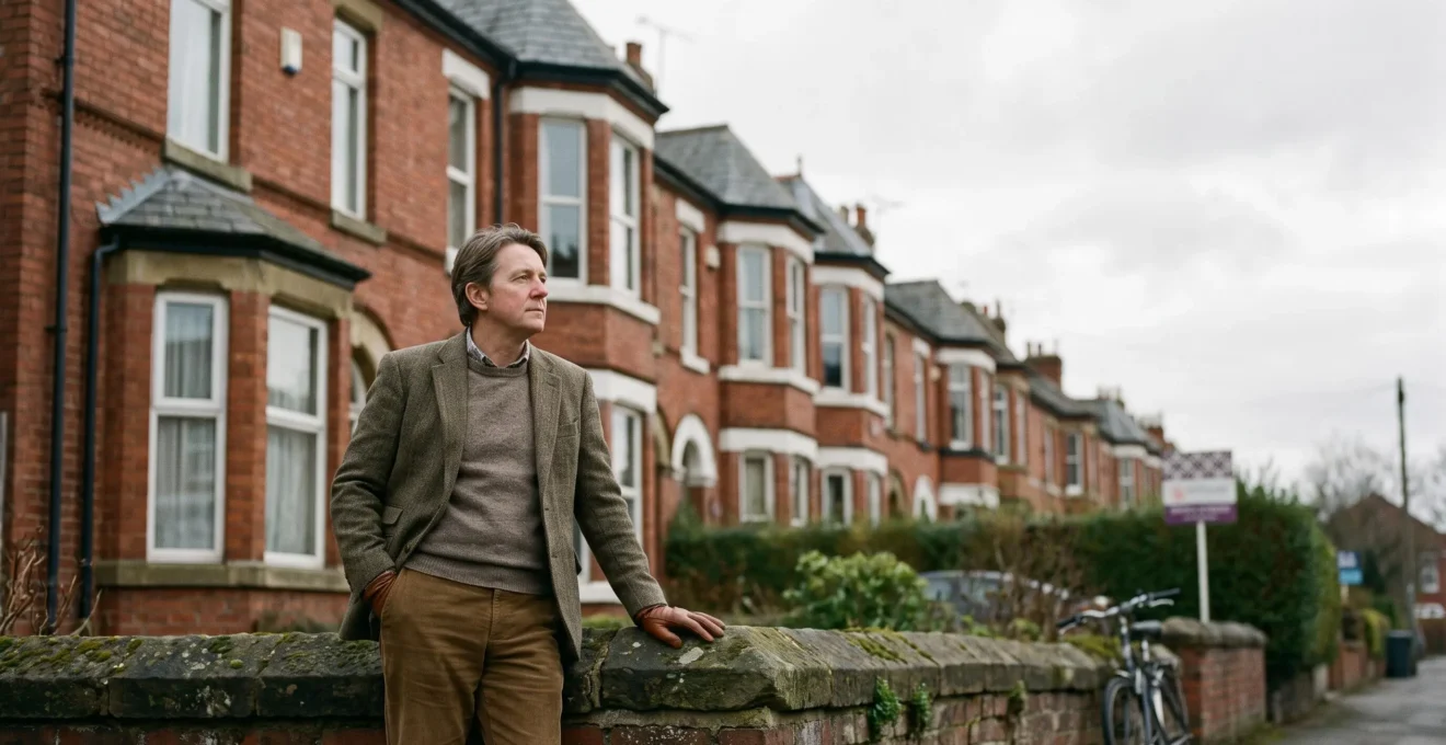 A prospective UK homebuyer standing thoughtfully outside a row of period terraced houses, weighing up a purchase decision