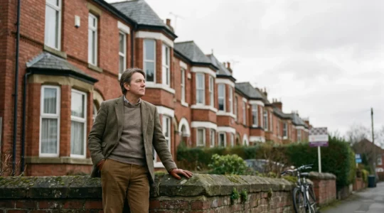 A prospective UK homebuyer standing thoughtfully outside a row of period terraced houses, weighing up a purchase decision