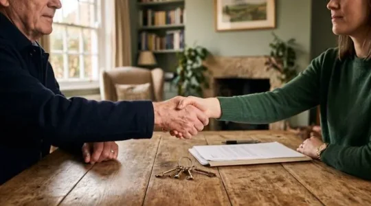 Two people shaking hands over a wooden table with house keys and a blurred contract, symbolizing a UK seller-financed property negotiation.
