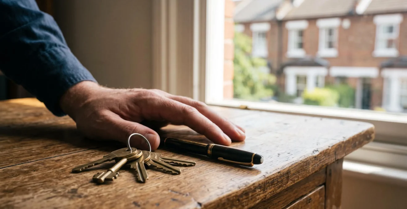 A buyer's hand resting on a set of house keys beside a pen on a wooden desk, with a British terraced house visible through a sunlit window, symbolising the final signing moment before UK property completion.