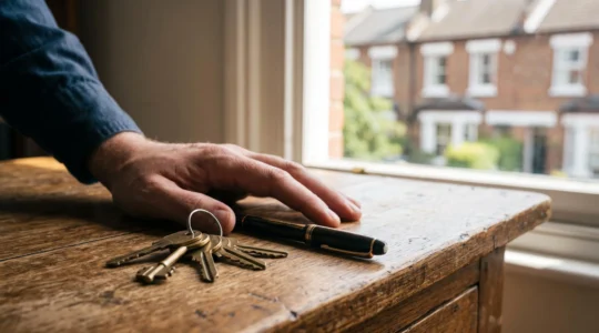 A buyer's hand resting on a set of house keys beside a pen on a wooden desk, with a British terraced house visible through a sunlit window, symbolising the final signing moment before UK property completion.