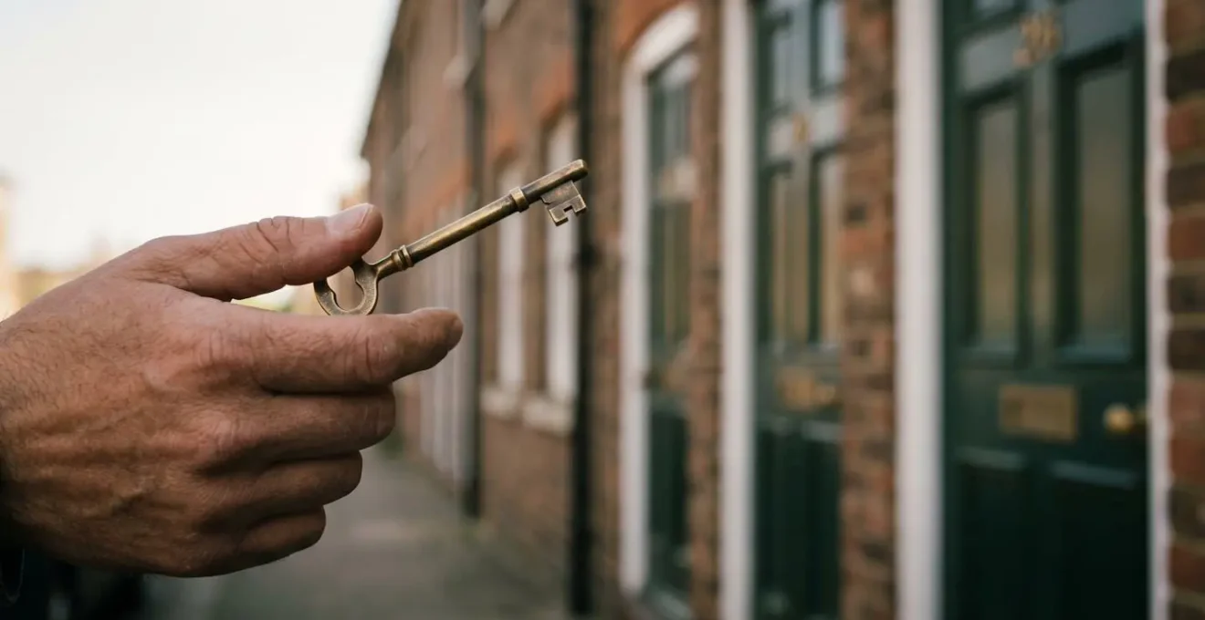 Symbolic image of a UK home buyer's hand holding a single key that has opened multiple identical doors, representing broader access to lenders through a broker.