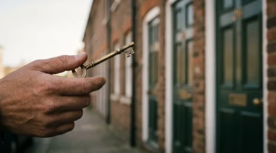 Symbolic image of a UK home buyer's hand holding a single key that has opened multiple identical doors, representing broader access to lenders through a broker.