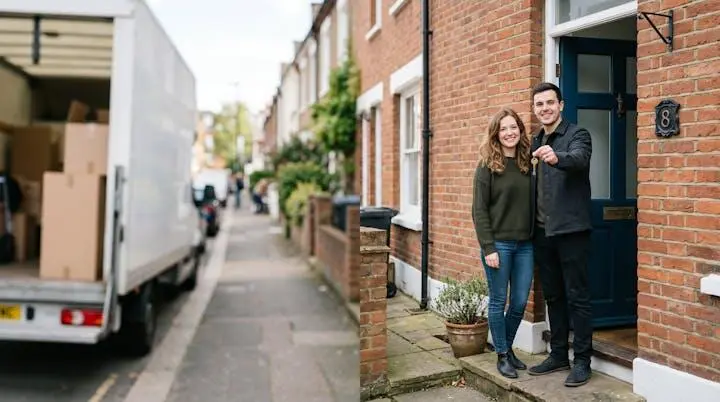 Editorial photograph of a UK homebuyer receiving house keys on a bright completion day