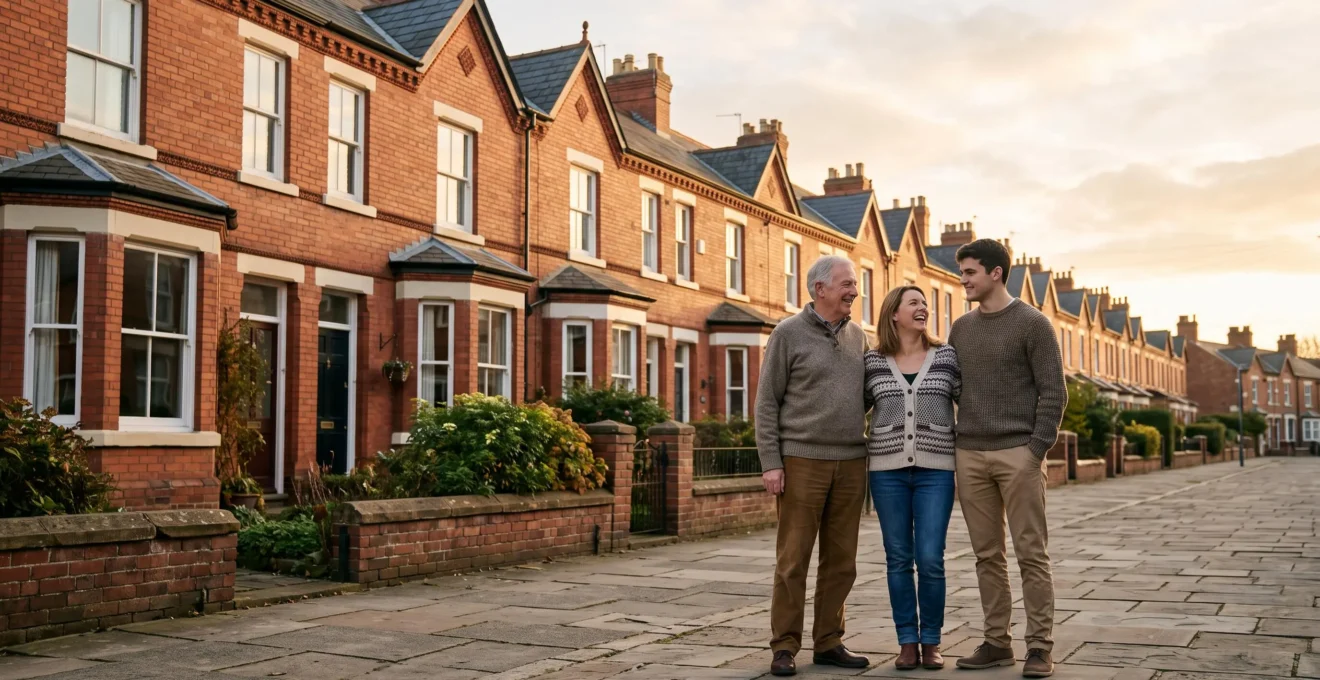 A multi-generational UK family standing in front of a row of terraced houses, symbolizing long-term property wealth building.