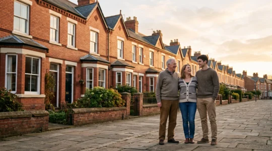 A multi-generational UK family standing in front of a row of terraced houses, symbolizing long-term property wealth building.