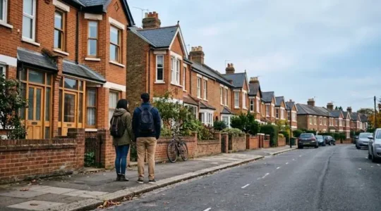 A young couple standing before a row of British terraced houses, symbolising the journey through UK government-backed mortgage schemes