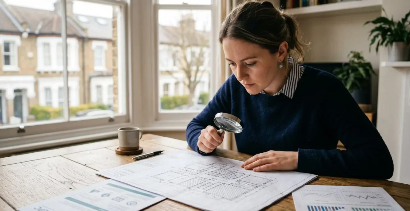Professional UK property buyer reviewing detailed property documentation with architectural blueprint and magnifying glass in natural daylight setting