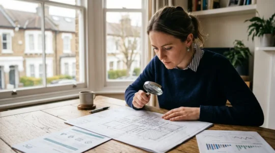 Professional UK property buyer reviewing detailed property documentation with architectural blueprint and magnifying glass in natural daylight setting